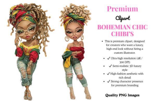 Premium Black Woman Clipart PNG Bundle: Elevate Your Creative Projects with Bohemian Chic Chibi Girls
